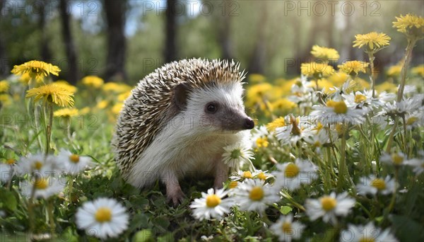 KI generated, animal, animals, mammal, mammals, young hedgehog (Erinaceidae), sitting in flower