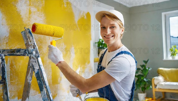 AI generated, man, men, a painter paints a wall with new yellow paint, father, renovation of old