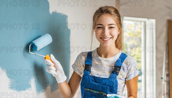 AI generated, woman, woman, a young girl paints a wall with new paint, blue, light blue, blue,