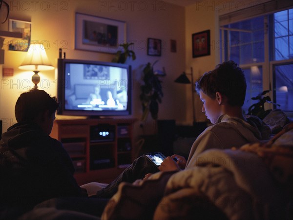 Two children are watching television in a cozy living room with warm lighting, boys and TV and