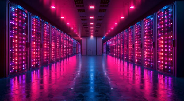 Long hallway in server room with purple lighting and reflective floor creating a high-tech vibe, ai