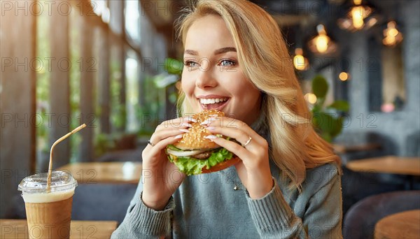 AI generated, human, humans, person, persons, woman, woman, 25, years, sits in restaurant, a