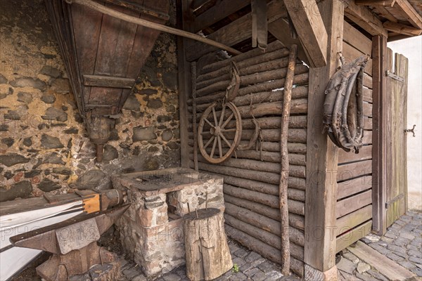 Blacksmith's forge, blacksmith, inner courtyard, Ronneburg Castle, medieval knight's castle,