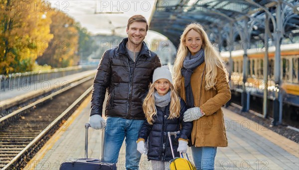 AI generated, A young family wants to travel and waits in the station for the train, 30, 35, years,