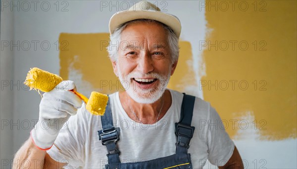 AI generated, man, men, a painter paints a wall with new yellow paint, father, renovation of old
