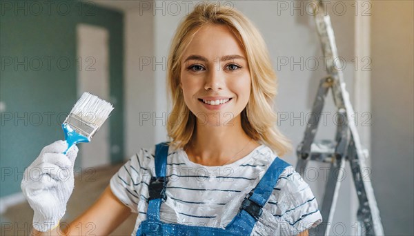 AI generated, woman, woman, a young girl paints a wall with new paint, white, whiter, white,