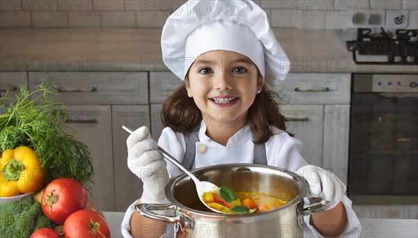 AI generated, human, humans, person, persons, child, children, 8 year old girl cooking a vegetable