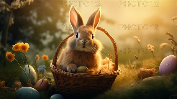 Cute Easter bunny sits beside a basket filled with colorful, decorated eggs amidst a vibrant green