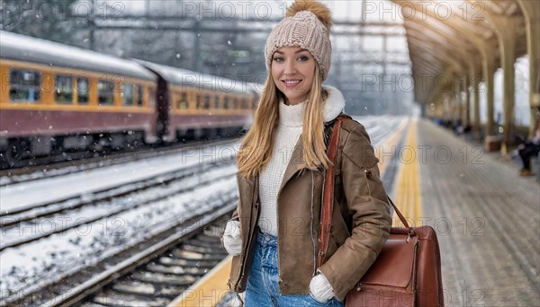 AI generated, A young blonde woman wants to travel and waits for the train at the station, 20, 25,
