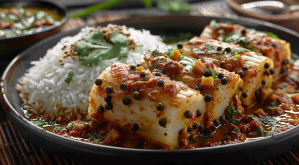 Paneer pieces served with spicy curry and basmati rice garnished with cilantro on a black plate, ai