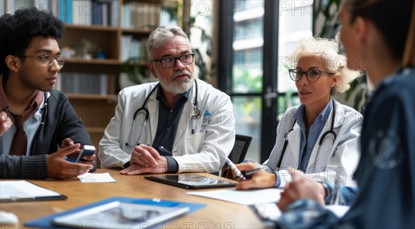 Medical staff engaged in a collaborative discussion with paperwork on the table, ai generated, AI