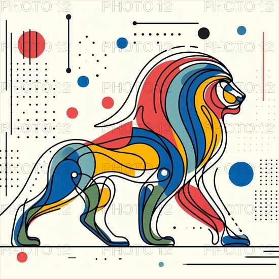 Colorful abstract geometric design of a lion in motion, continuous line art, creature is stylized