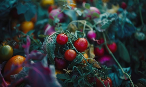 Tomatoes background. Top view of different varieties of tomatoes. Vegetables background. AI