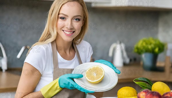 AI generated, woman, woman, 30, 35, blonde, blond, blonde, kitchen, sink, kitchen table, dishes,