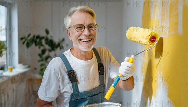 AI generated, man, men, a painter paints a wall with new yellow paint, father, renovation of old