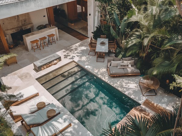 A serene courtyard with tropical plants, stone tiles, and comfortable outdoor furniture bathed in