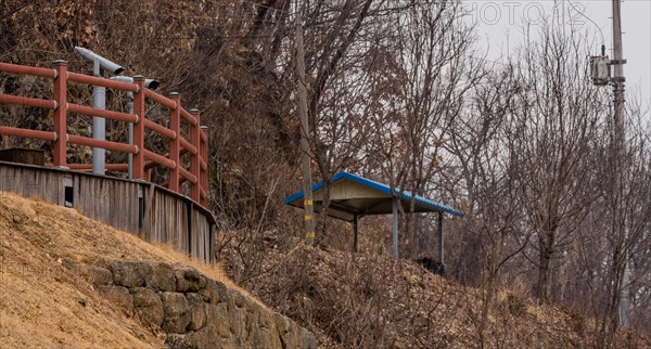 Wooden observation platform with two viewing binoculars behind red railing located in treed