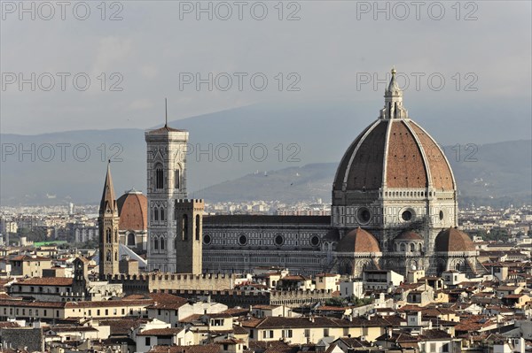 City panorama with Santa Maria del Fiore Cathedral, view from Monte alle Croci, Florence, Tuscany,