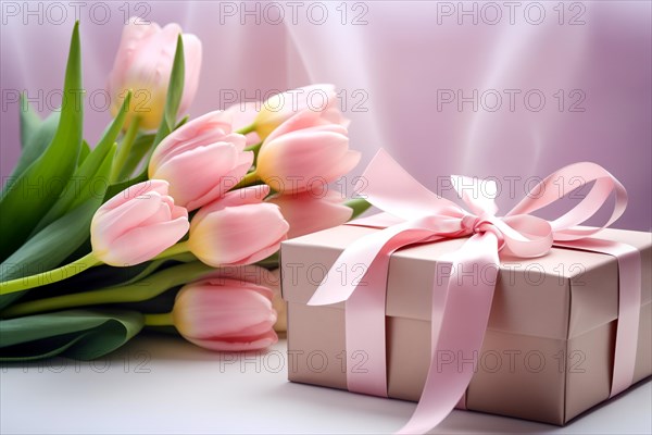 Gift Box with Pink Ribbon Beside bouquet of Fresh Tulips on Bokeh Background. Good for Valentine