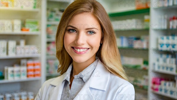 AI generated, A young pharmacist in her pharmacy, portrait, 30, 35, years, female, blonde, blond,