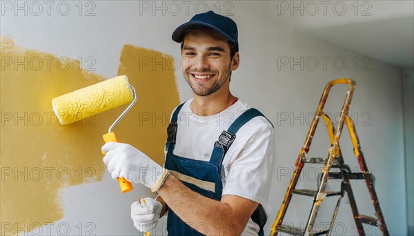AI generated, man, men, a painter paints a wall with new yellow paint, father, renovation of old