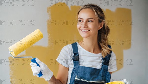 AI generated, woman, woman, a young girl paints a wall with new paint, yellow, yellow, renovation