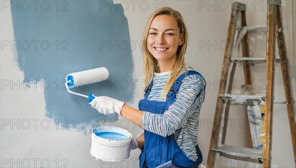 AI generated, woman, woman, a young girl paints a wall with new paint, blue, light blue, blue,