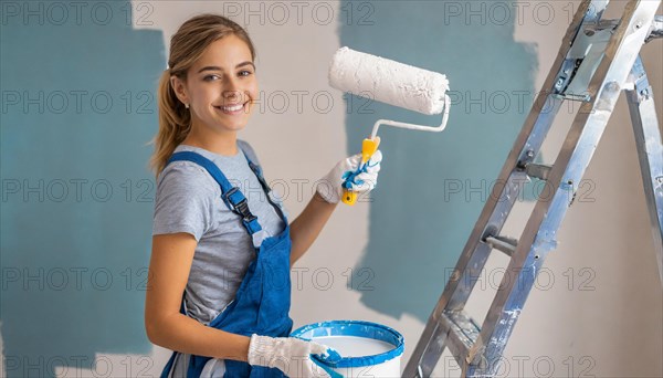 AI generated, woman, woman, a young girl paints a wall with new paint, blue, light blue, blue,