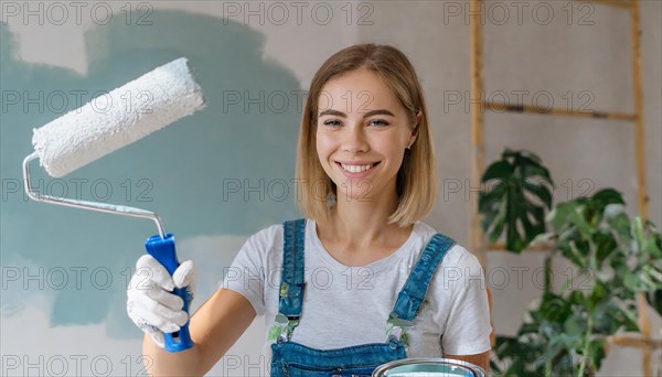 AI generated, woman, woman, a young girl paints a wall with new paint, white, white, renovation of