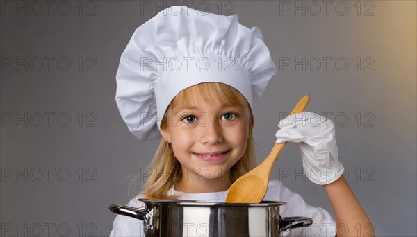 AI generated, human, humans, person, persons, child, children, 8 year old girl cooking a vegetable
