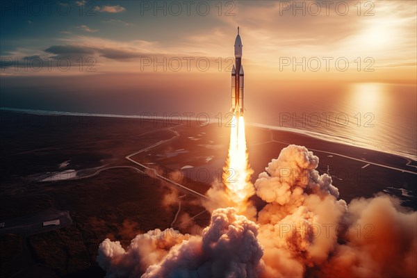 Aerial view of a rocket launch at sunrise sunset over an ocean coast. The rocket is blasting off