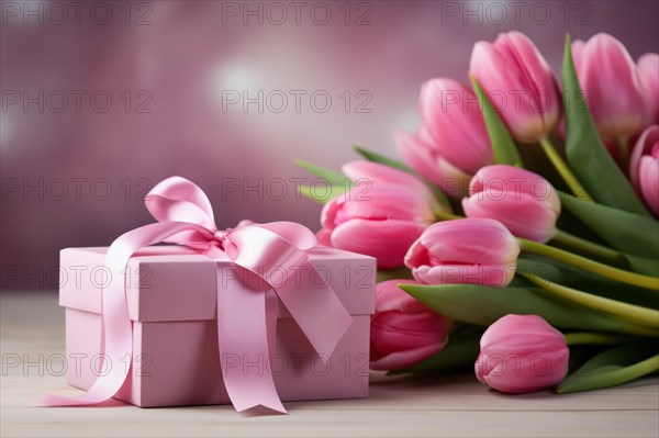 Gift Box with Pink Ribbon Beside bouquet of Fresh Tulips on Bokeh Background. Good for Valentine