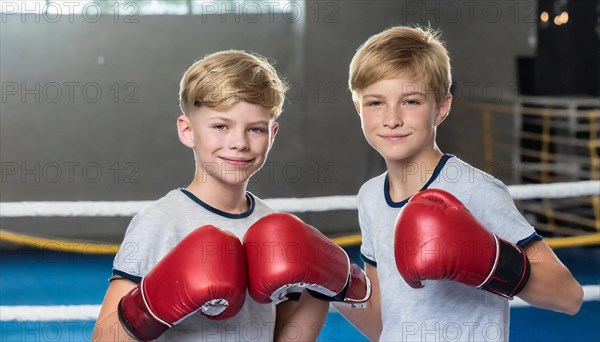 AI generated, boy, boys, 8, 10, years, Thai, sport, boxing, gloves, Thai boxing, Muay Thai, two