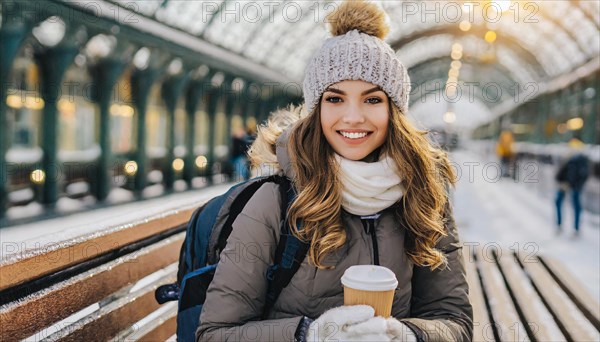 AI generated, A young blonde woman wants to travel and waits for the train at the station, 20, 25,