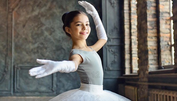 AI generated, girl, 10, 12, years, dark-haired, dances, dancing, ballet, study, exercise,