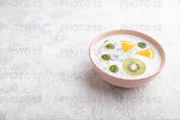 Yogurt with kiwi, gooseberry, chia in ceramic bowl on gray concrete background. Side view, copy