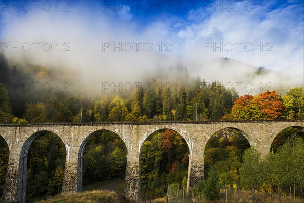 Railway bridge in the Ravenna Gorge, Hoellental in autumn, near Freiburg im Breisgau, Black Forest,