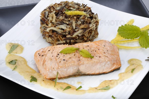 Southern German cuisine, fillet of Dreisam salmon with wild rice and lemon sauce, salmon fillet,