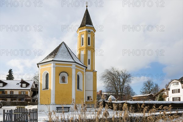 Snow-covered church in winter, St Alban's Church, Diessen, Lake Ammer, Fuenfseenland,
