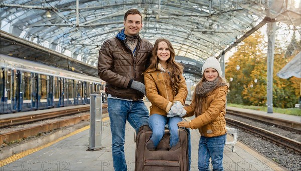 AI generated, A young family wants to travel and waits in the station for the train, 30, 35, years,