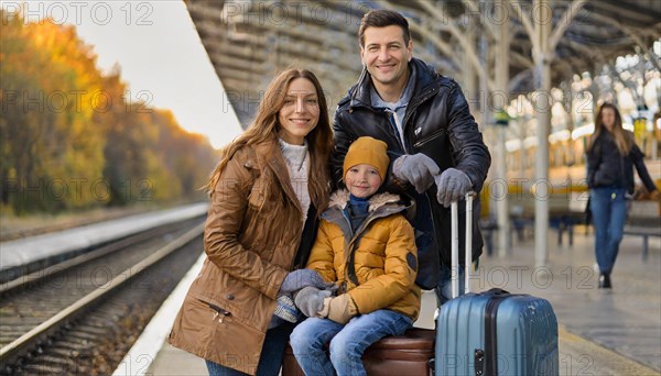 AI generated, A young family wants to travel and waits in the station for the train, 30, 35, years,