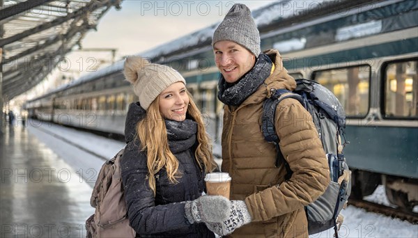 AI generated, woman, woman, man, men, A young couple wants to travel and is waiting for the train