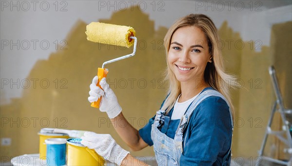 AI generated, woman, woman, a young girl paints a wall with new paint, yellow, yellow, renovation