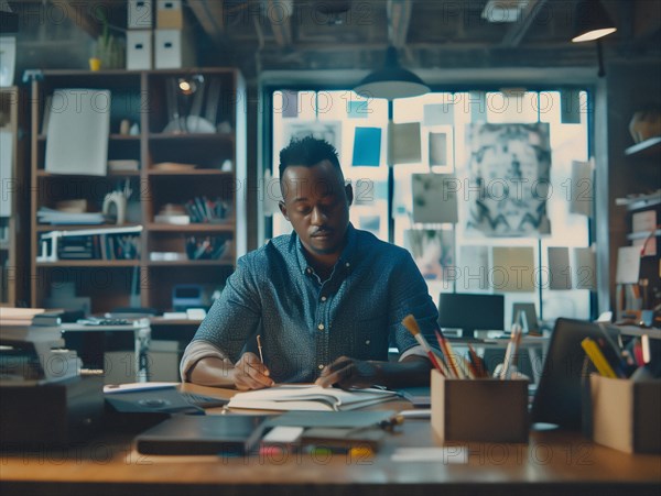 A man concentrates on paperwork at a busy office desk surrounded by technology and warm lighting,