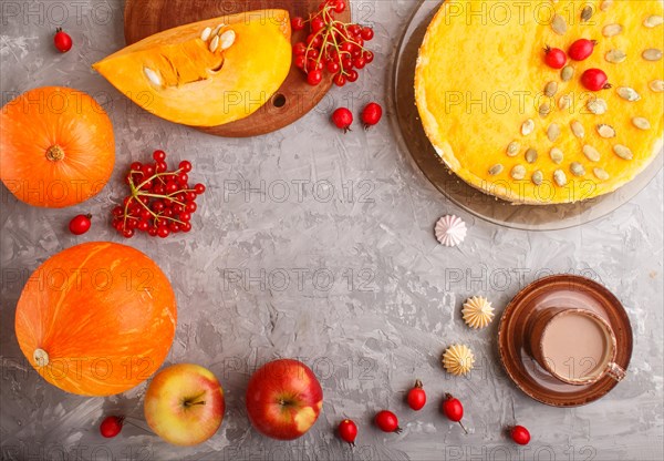 Traditional american sweet pumpkin pie decorated with hawthorn red berries and pumpkin seeds with