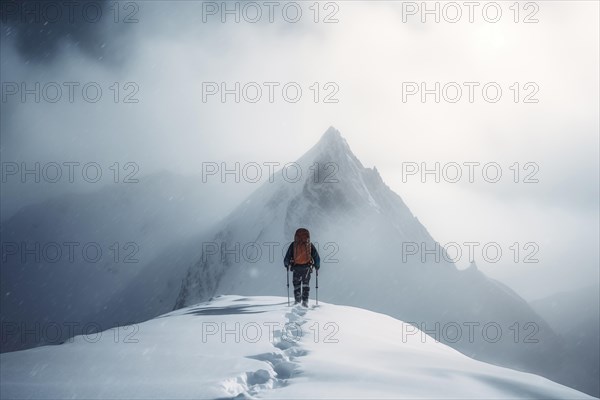 A mountaineer in mountains approaching a majestic snowy mountain peak amidst a snowfall and snow