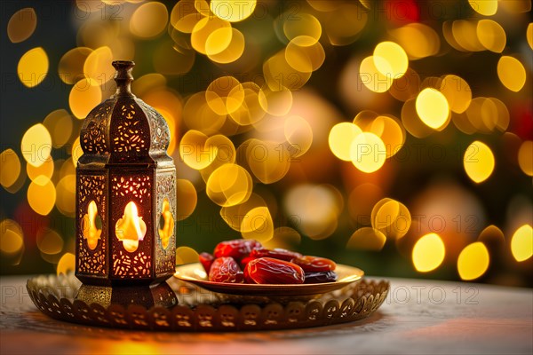 Ramadan lantern with a plate of succulent figs on bokeh background, set on an ornate table with