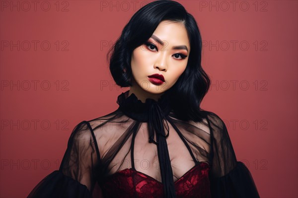 Portrait of beautiful Asian woman with Halloween vampire costume on red background. KI generiert,