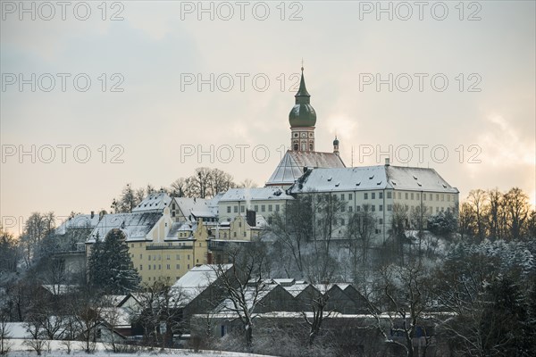 Andechs Monastery in winter, sunset, Fuenfseenland, Pfaffenwinkel, Upper Bavaria, Bavaria, Germany,