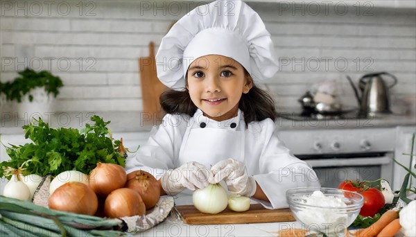 AI generated, human, humans, person, persons, child, children, 8 year old girl cutting onions in a
